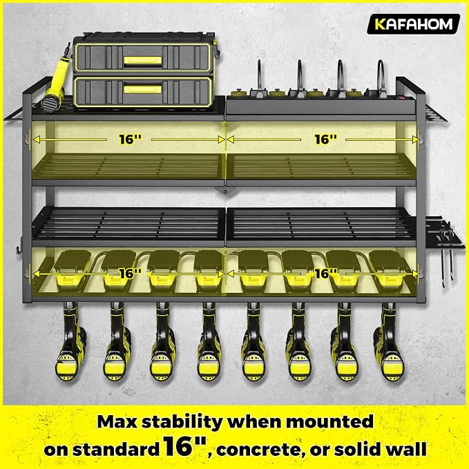 Power Tool Organizer with Charging Station.Garage 8 Drill Holder Built in 8 Outlets Power Strip,Tool Storage Shelf Wall Mount,Tool Battery Organizer with Screwdriver/Hammer/Air Tool Rack