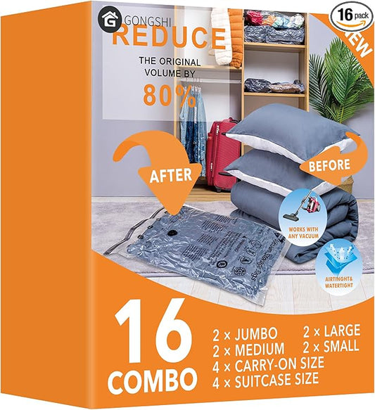 GONGSHI Vacuum Storage Bags, Space Saver Seal Bags For Clothing, Travel Luggage,Blankets, Comforters, Pillows, Clothes Storage.16 Combo