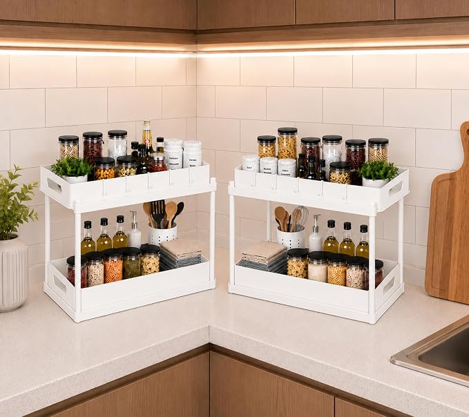 Expandable Under Sink Organizer_2 Tier Under Cabinet Organizer - Double Pull Out Shelf Under Sink Storage for Kitchen, Bathroom and Laundry Room - Multipurpose Space Saving Organizer (White)