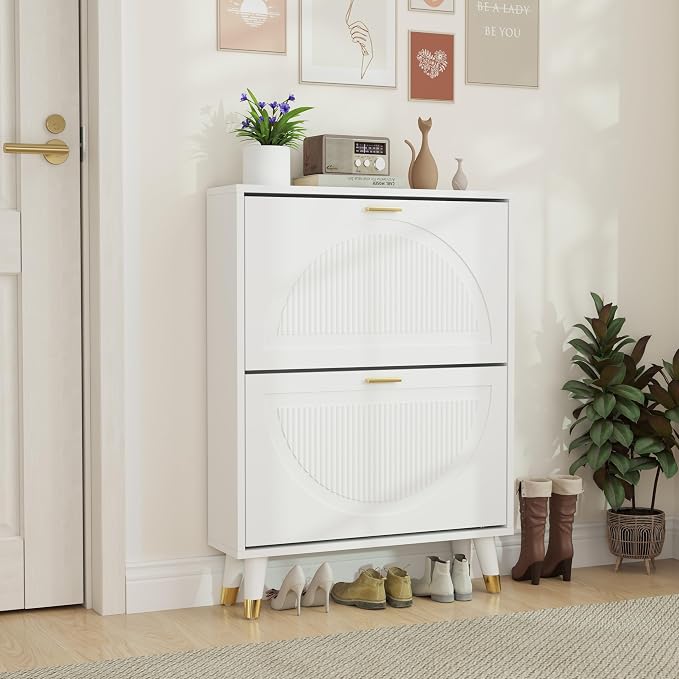 White Shoe Storage Cabinet: 24" Ultra Thin Small Shoe Cabinet for Entryway, Modern Slim and Narrow Hidden Shoes Rack Organizer with Doors and 2 Flip Drawer (1 Piece, 25")