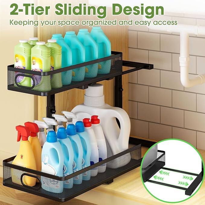 Under Sink Organizer 4-Pack, Metal 2-Tier Pull-Out Cabinet Shelf with Slide-Out Mesh Drawers, Height Adjustable, Space-Saving Storage Racks for Kitchen, Bathroom, Laundry Room