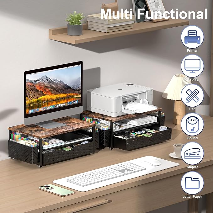 Spacrea Desk Organizer and Accessories, Computer Monitor Stand Riser with Drawer and 2 Pen Holders, Office Desk Accessories & Workspace Organizers for Office Supplies (Wood)