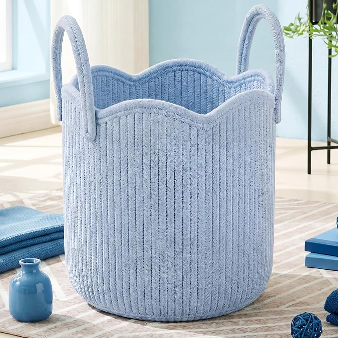 Newtay Blue Scalloped Woven Blanket Basket 12" x 12" x 12" Cotton Rope Laundry Basket Hamper Cute Round Decorative Storage Bin with Handles for Baby Nursery Living Room Bedroom Bathroom