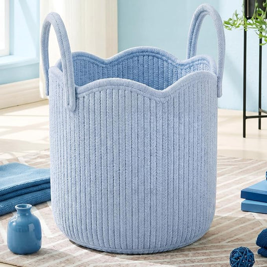 Newtay Blue Scalloped Woven Blanket Basket 12" x 12" x 12" Cotton Rope Laundry Basket Hamper Cute Round Decorative Storage Bin with Handles for Baby Nursery Living Room Bedroom Bathroom