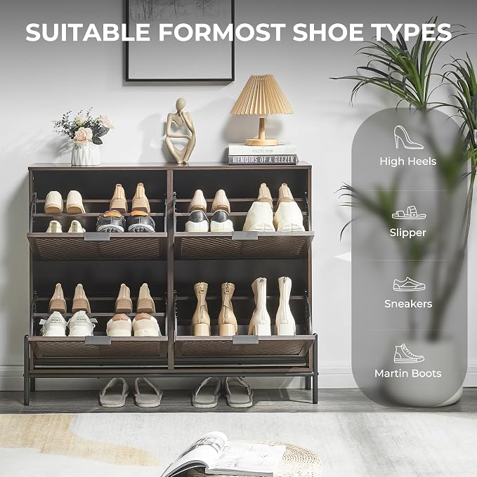 Shoe Cabinet with 4 Flip Drawers, Narrow Entryway Rack, Brown | Slanted Wood Grain, Freestanding, Adjustable Compartments, Removable Middle Shelf, Metal Handles, for Hallway Foyer Entrance