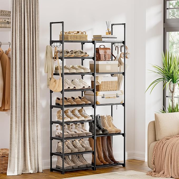 WOWLIVE 9 Tier 2-Column Shoe Rack, 30-35 Pairs Stackable Black | Compact 33.75in long fits narrow spaces. Removable layers for boots/heels. Split design for flexible layout.