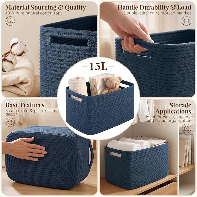 OIASKET 4Packs Natural Cotton Rope Storage Baskets for Organizing Toys, Clothes, Towels & Books, Soft Versatile Organizers for Shelves, Home Decorative Bins, 13''Lx9''Wx7.8''H, Blue