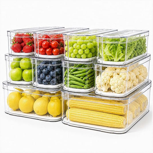 SMRCAD 10 Pack Clear Fridge Organizer Bins with Drain Trays - Stackable | BPA-Free PET, 10 Pack: 10 lidded Bins (Not drawer), Helps Keep Produce Fresh, 17.4L Capacity, Hand Wash Only