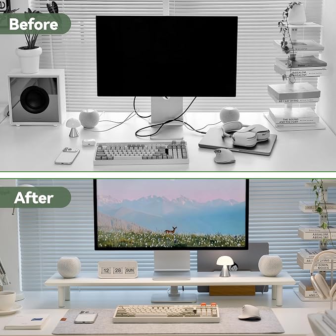 Bamboo Dual Monitor Stand Riser, White Desk Shelf with Storage | 39.37-Inch Wide, 3.5-Inch Clearance, Fits Keyboards, Soundbars and Two 24-Inch Monitors for Home Office