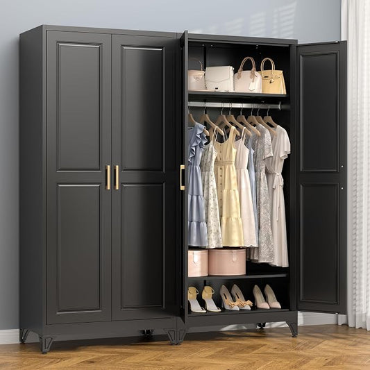 Polup 71" Metal Armoire Wardrobe Closet with Doors and Adjustable Shelves | Freestanding Tall Clothing Storage Cabinet, Heavy Duty, Hanging Rod, Magnetic Closure, for Bedroom, Office, Garage, Black