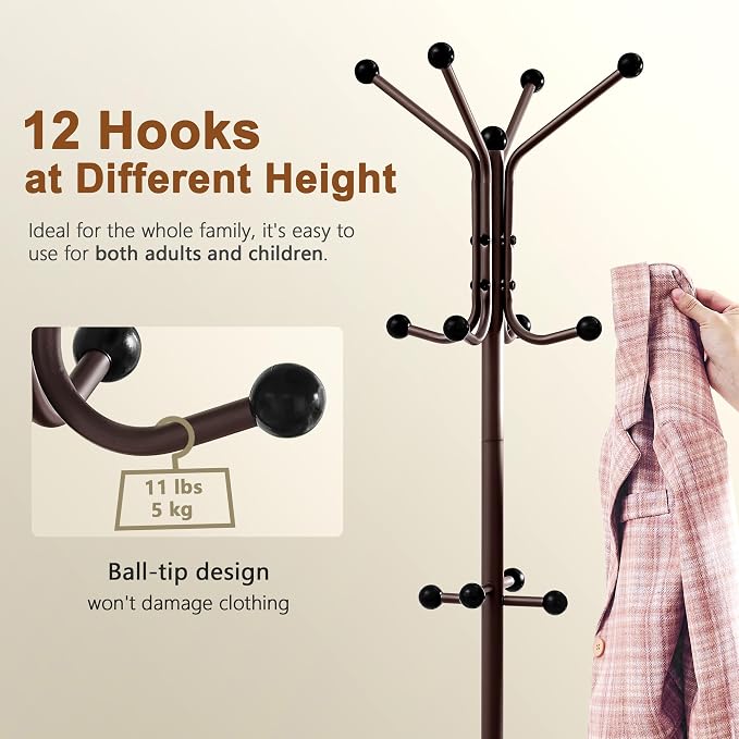 Hoctieon Coat Rack Freestanding, Coat Tree with Umbrella Holder | Metal Coat Rack Stand with 12 Hooks, Standing Coat Hanger Stand, Umbrella Stand for Entryway, Hat Rack Stand for Home Office