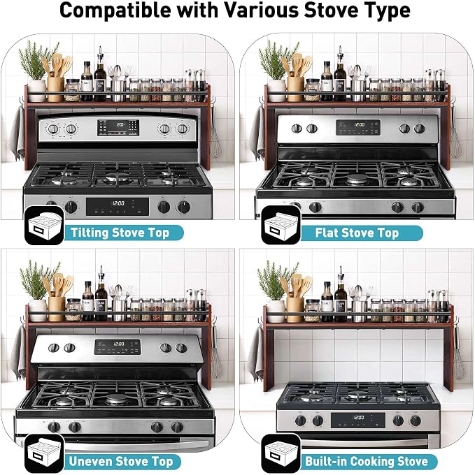 Spice Rack Shelf for Kitchen Stove, Over The Stove Shelf with 4 Hooks, Premium Wood & Metal Commbined Spice Rack Organizer Extra Storage Countertop (Walnut)