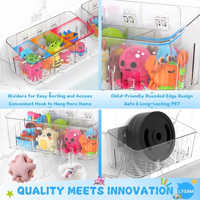Bath Toy Storage 2 Packs, Large Bath Toy Holder - 3 Compartments, Quick-Dry | BPA-Free Bathtub Toy Organizer, Wall-Mounted Adhesive Shower Caddy, Bathroom Toy Basket & Bin for Baby, Toddler, Kids, Clear