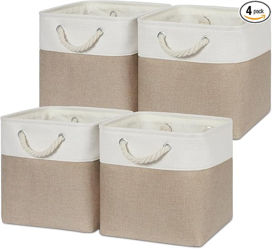Temary Cube Storage Bins 11 x 11 Fabric Storage Baskets 4 Pack Storage Cubes Baskets for Gift Empty, Cube Organizer Bins Cloth Basket for Storage (White&Khaki)