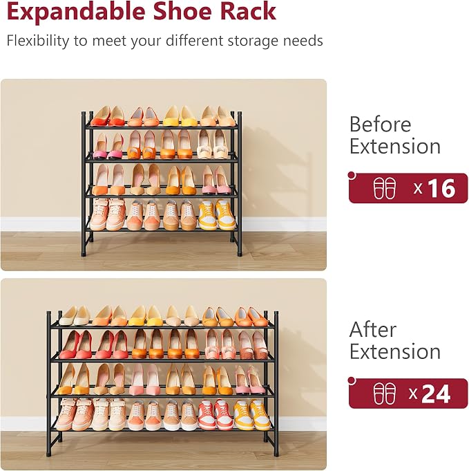 Expandable Shoe Rack for Closet 4 Tier, 28“-41“Stackable, Black | Adjustable Shoe Organizer Closet Shoe Rack Floor, Metal Shoe Shelf Storage for Entryway, Closet, Garage, Front Door Entrance