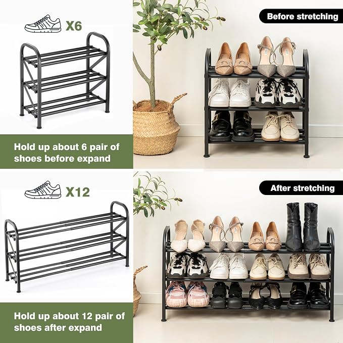 3 Tier Expandable Shoe Rack for Closet, Adjustable Small Shoe Organizer Storage, Heavy Metal Free Standing Narrow Shoe Racks for Entryway, Garage, Doorway Black 16"-33"
