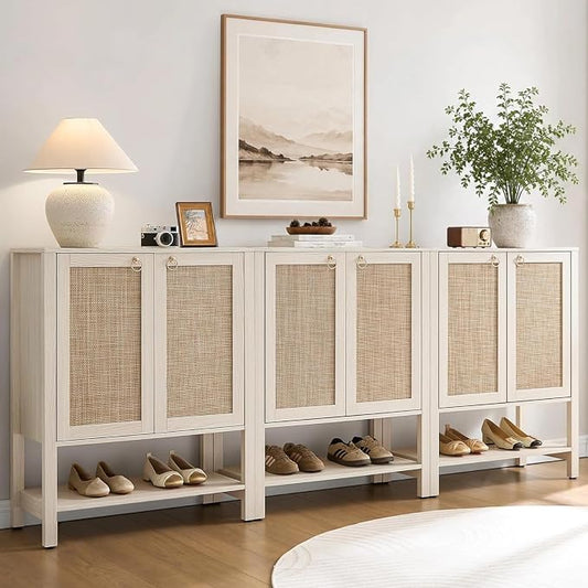 SICOTAS Rattan Shoe Cabinet with Storage, 5 Tier, 3 Pieces | Farmhouse Shoe Organizer with Doors & Shelves, Free Standing Shoe Rack Cabinet for Entryway, Living Room (White Cream Oak)