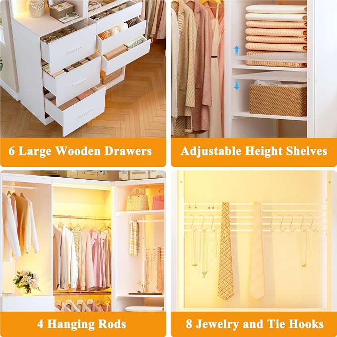 Large Corner Closet System Set with 6 Drawers & Shelves, 100'' Reversible Closet Organizer System with LED Lights & 8 Jewelry Hooks & Glasstop, Walk-in Closet with 4 Hanging Rods, L Shaped/Straight