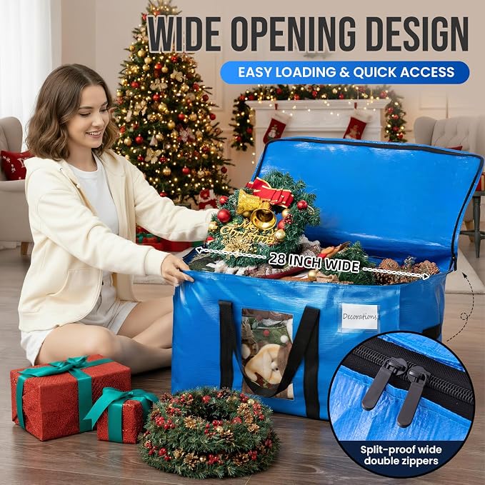 TAILI Extra Large Moving Bags, 4 Pack Blue Heavy Duty Totes For Storage with Visible Window, Wrap Around Handles, Storage Bags for Space Saving, Alternative to Moving Boxes