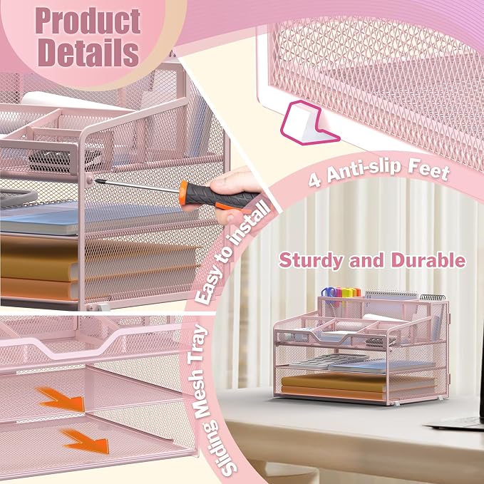 Docnest 3 Tier Mesh Desk Organizer with Letter Tray & Paper Sorter, Pink | Features 3 built-in pen holders & 5 adjustable compartments on top. Includes 4 non-slip rubber feet for desk protection