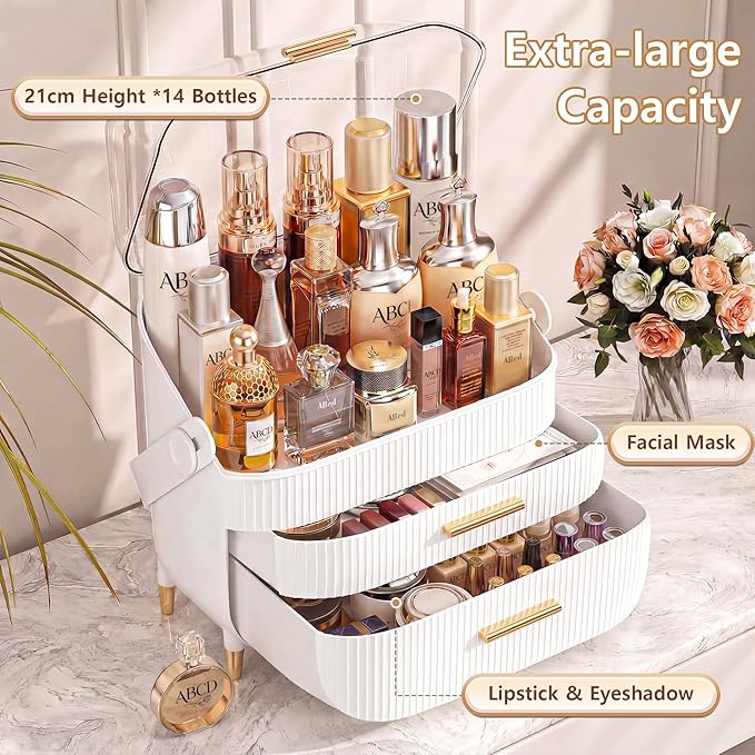 NestOrganix Makeup Organizer Skincare Organizers With Drawers | Cosmetic Display Cases with Transparent Cover, Skincare Organizers for Bathroom Countertop, Bedroom Vanity Desk, White