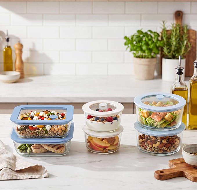 Glass Food Container Set with Silicone Glass Lid, Square & Round Shape, 6 Pack, Airtight, LeakProof, 100% Plastic Free, Meal Prep Food Storage Containers, Blue & White Color
