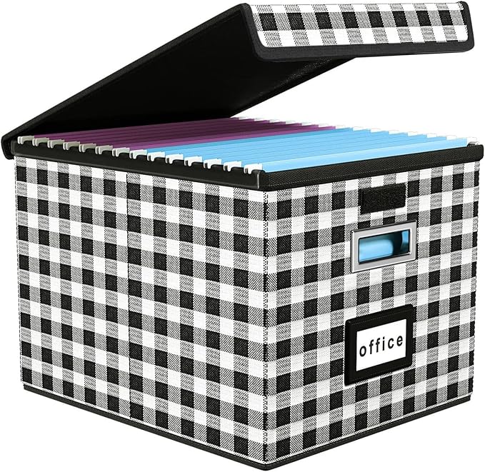 File Organizer Box with Lids, Collapsible File Folder Organizer | File Box with Plastic Slides for Document, Filing Bin for Letter Size Hanging File Folders (1 Pack, Black & White Lattice)