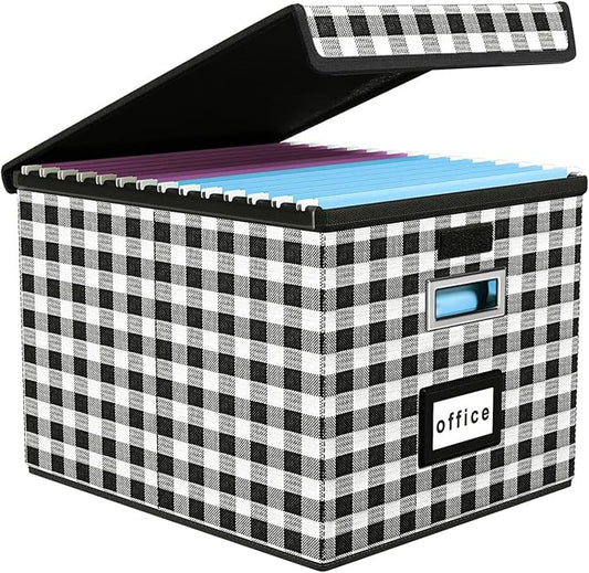 File Organizer Box with Lids, Collapsible File Folder Organizer | File Box with Plastic Slides for Document, Filing Bin for Letter Size Hanging File Folders (1 Pack, Black & White Lattice)