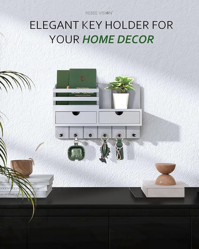 Rebee Vision Key Holder Wall Mount with 2 Drawers for Home Decor, Gray | Stylish Mail Holder for Wall, Drawer Organizer, 6 Key Hooks, Plant Display, Modern Apartment Essentials, Aesthetic Room Decor
