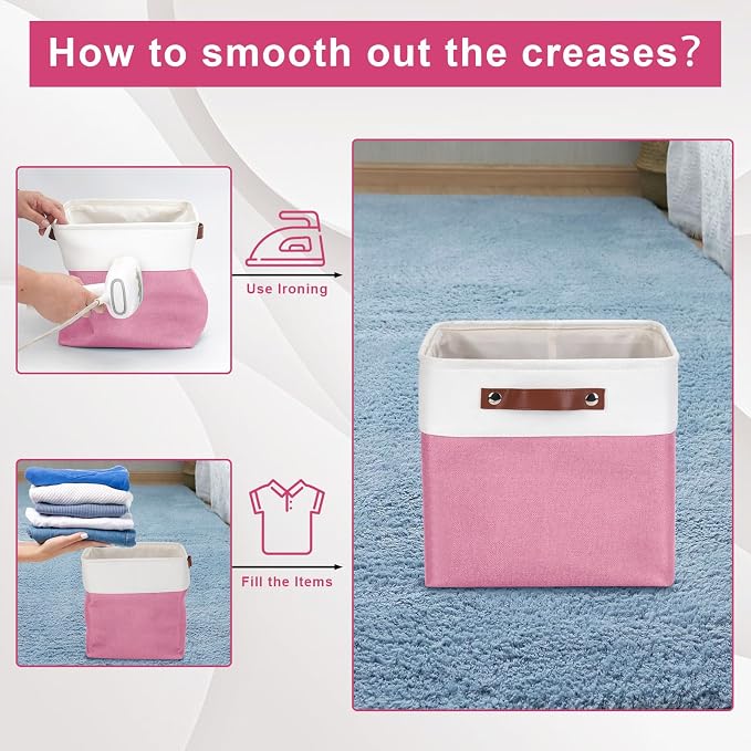Bagnizer Collapsible Fabric Storage Cubes 11x11 Cube Storage Bins, 4 Pack Closet Baskets Box with Handles for Organizing, Shelf, Toys, Clothes, Home, Office, Nursery (Pink&White)