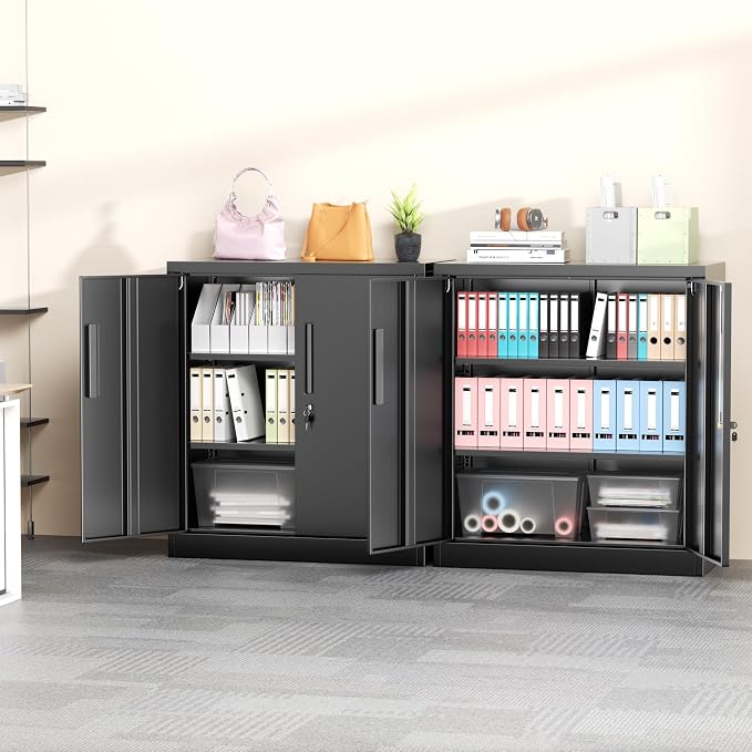 Greenvelly Metal Storage Cabinet, 36" Locking Storage Cabinet with Doors and Shelves, Lockable Storage Cabinets for Home Office, Utility Locker Cabinet, Steel Garage Cabinet with 2 Keys, Black