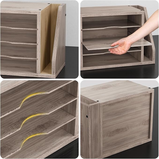Wooden Mail Organizer, Desk Organizer with 3 Adjustable Shelves | Mail Sorter, File Organizer Desktop, Mail Holder for Home Office, Letter Sorter for Envelopes, Bills, Magazines, Greige
