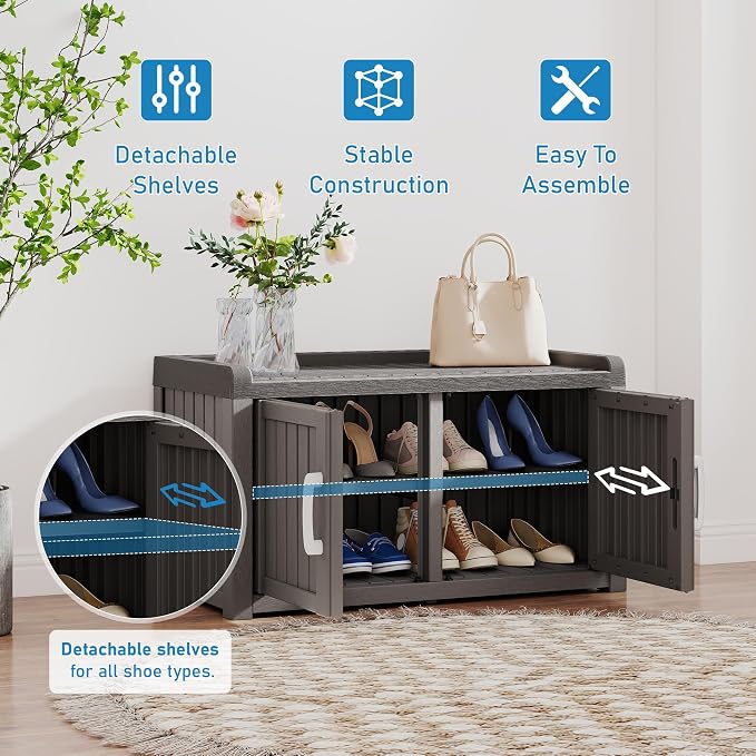 Shoe Storage Cabinet Waterproof UV-Resistant, Entryway Storage Bench Indoor Outdoor with 2 Barn Doors, Adjustable Shelves for Entryway, Bedroom, Hallway,Living Room(Grey)