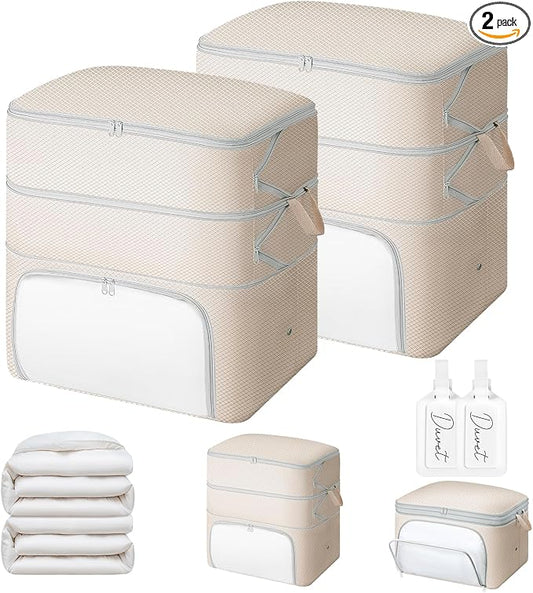 Comforter Storage Bag - 130L Blanket Storage Bags Front-opening Ultra Space Saving Self Compression Organizer, Washable Compression Bags for Storage Comforter Blanket, 2 Pack, Beige