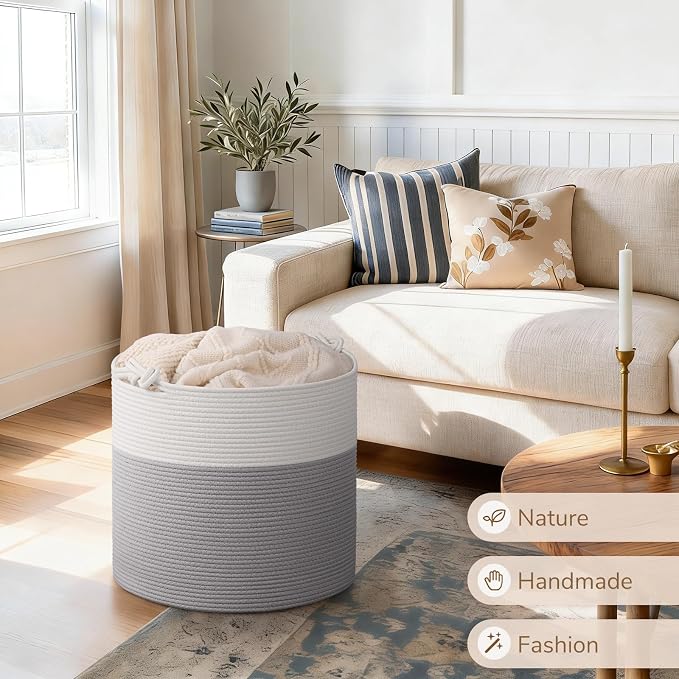 Goodpick Large Woven Rope Toy Storage Basket for Living Room, 60L, Grey | Small Laundry Basket for Organizing Baby Clothes, Blankets & Pillows, Great for Bedroom Nursery Home Décor