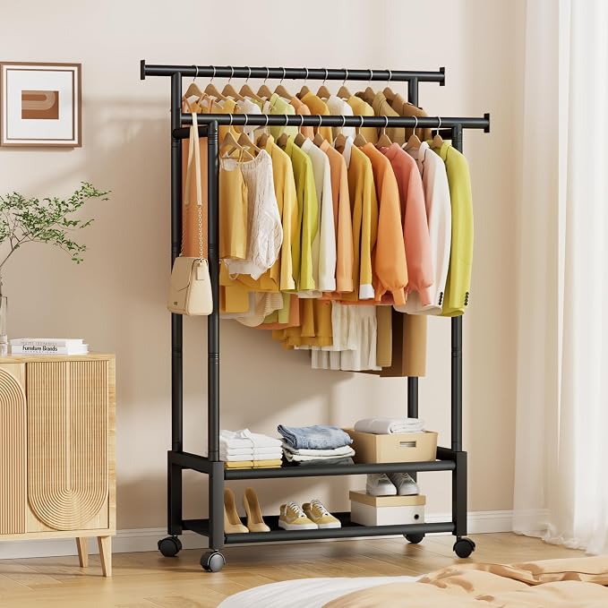 Double Rod Clothing Rack with 2 Shelves, Rolling, Black | All tools included, metal frame, 4 casters with 2 locking, for bedroom, laundry, and entryway