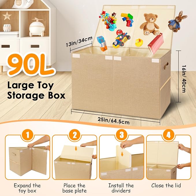 Large Toy Storage Box with Lid Upgraded Toy Chest Organizer with Removable PP Divider Foldable Toy Bin for Kids Boys Girls Linen Fabric Toy Box for Playroom Nursery Bedroom (25"x13"x16")