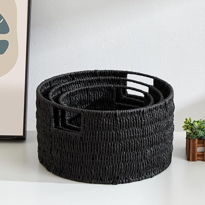 Wicker Storage Basket, Hand-Woven Paper Rope Large Round Woven Basket With Handles, Wicker Baskets for Organizing/Storage, Black, 3-Pack