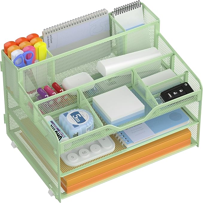 Docnest 3 Tier Mesh Desk Organizer with Letter Tray & Paper Sorter, Green | Features 3 built-in pen holders & 5 adjustable compartments on top. Includes 4 non-slip rubber feet for desk protection