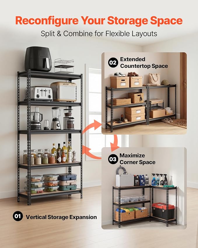 VEVOR Storage Shelves, 5-Tier Adjustable, 3000 lbs Capacity, Heavy Duty Garage Storage Shelving Unit, Metal Utility Rack Shelf, for Kitchen Pantry Basement Bathroom, 36.34" W x 12.17" D x 71.38" H