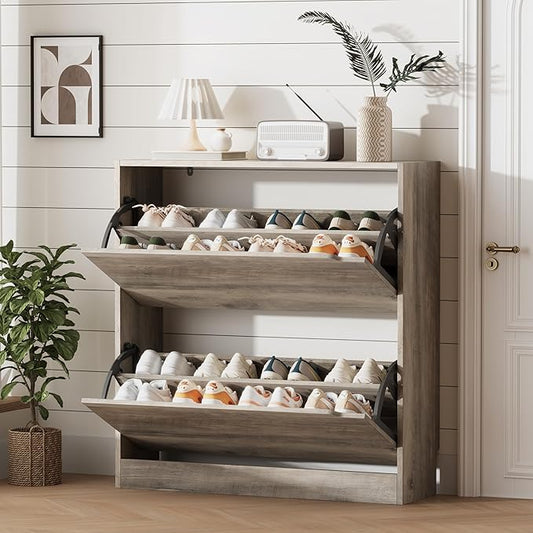 Xixini Shoe Storage Cabinet for Entryway with 2 Flip Drawers, Sturdy Wood Hidden Shoe Storage, Freestanding Narrow Slim Shoe Organizer for Front Door Entrance, Living Room, Hallway, Bedroom, Grey