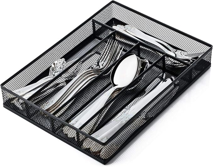 Sedegn mesh silverware tray for drawer: 5 Compartments for Easy Sorting | Sized at 9.3" x 12.6" for kitchen drawers with non-slip feet, metal mesh design for easy cleaning, organizing flatware Black