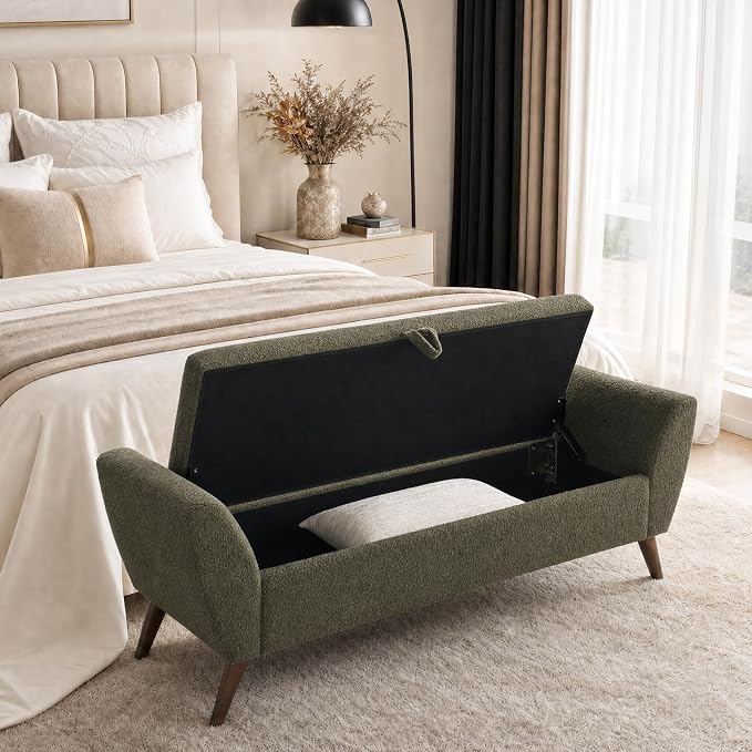 60" Storage Ottoman Bench, End of Bed Bench King Size Green | Solid Wood Legs, Large Hidden Storage, High-Resilience Foam, Teddy Fabric