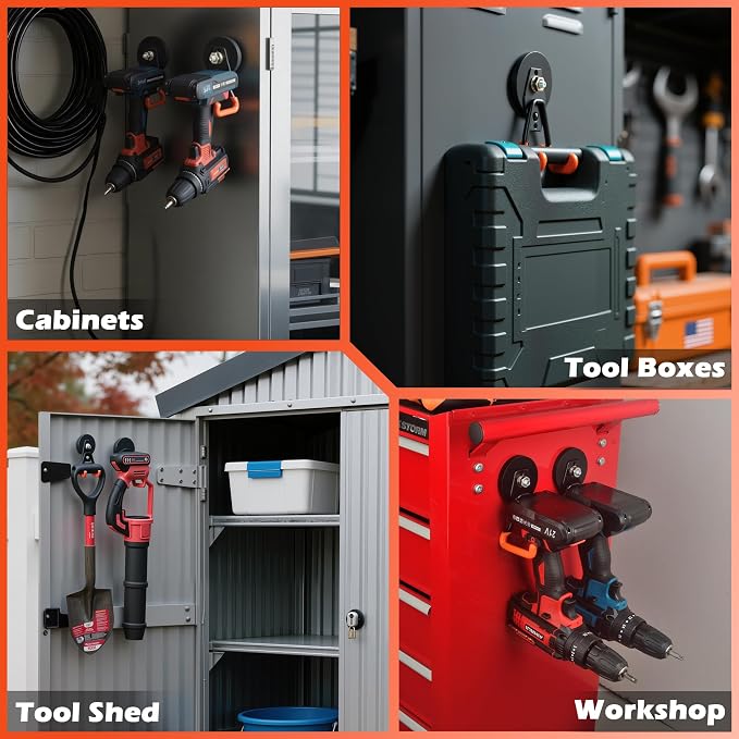 ULIBERMAGNET New Upgraded Heavy Duty Magnetic Garage Hooks,2 Pack Strong Large Magnet Hooks for Power Drill,Garden Tools,Hose,Pegboard,Garage, Workshop,Magnetic Storage Hook for Hanging(Orange)