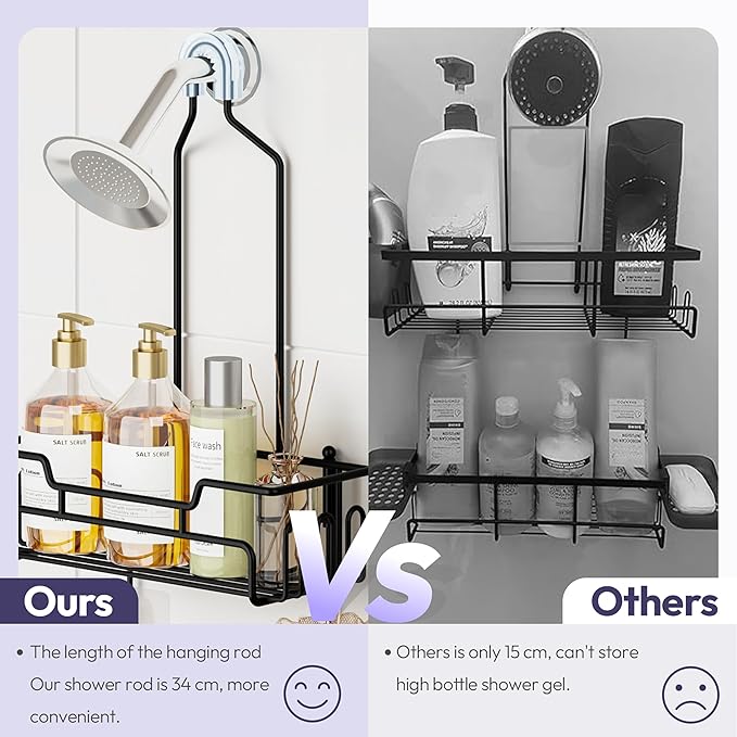 SWTYMIKI Bathroom Shower Caddy Hanging - Extended Length 2 Tier Rustproof Over Shower Head Organizer, No Drilling Bathroom Shelf with 14 Hooks & Soap Holder, Anti-Swing Rack, Black, Medium