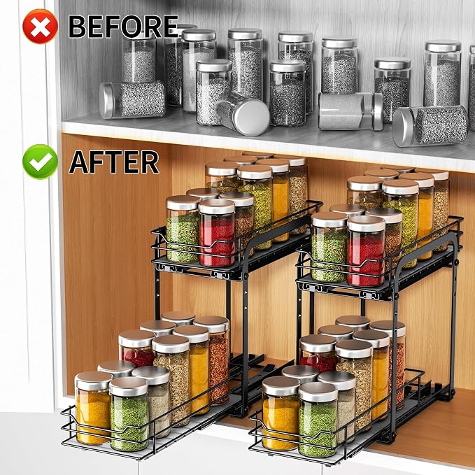 RCHYFEED 2 Tier Pull Out Spice Rack for Inside Cabinets,5.5" Wx10.5 Dx9.5 H | Height Adjustable Spice Cabinet Organizer Heavy Duty Metal Pull Out Spice Rack Vertical Spice Shelf for Cabinets & Pantry
