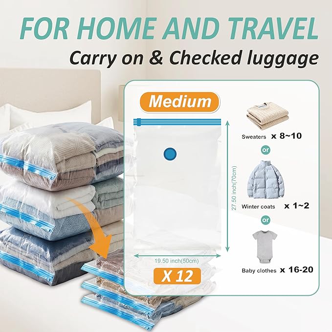 Cozy Essential Vacuum Storage Bags, 80% Compression Vacuum Seal Space Saver Plastic Packaging Bags for Clothes, Blankets, Pillow, Bedding, Comforters, Sealer Clothing Storage,12 Medium
