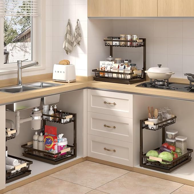 Sevenblue 2-Pack 2-Tier Height Adjustable Under Sink Organizer & Storage | Multi-purpose storage for kitchen & bathroom cabinet. Extra Large brown shelf, height adjustable design for space-saving.