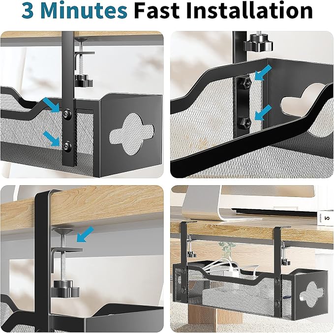 Under Desk Cable Management Tray 3 Pack, Cable Management Under Desk No Drill, Cable Organizer with Clamp for Wire Management, Cord Organizer for Office, Home - No Damage to Table (Black)