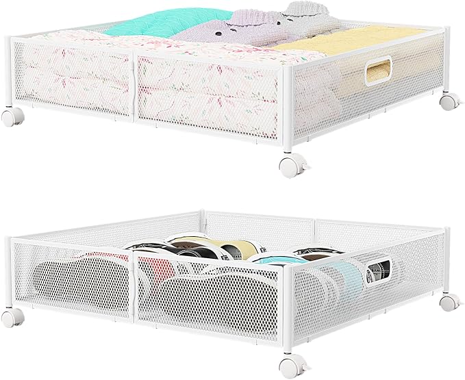 PHINOX Under Bed Storage with Wheels & Handle,Metal,Large,2 Pack,White | Tool-free assembly, glide smoothly, easy reach, foldable, maxmazie low-profile beds, dorm, keep seasonal clothes, shoes fresh